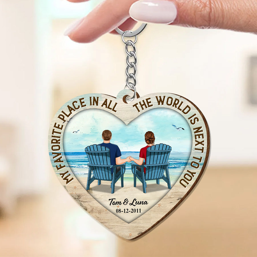 Back View Couple Sitting Beach Landscape Personalized Wooden Keychain