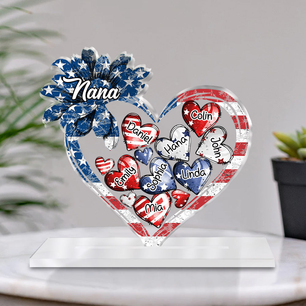 4th of July American Flag Sunflower Nana Auntie Mom Sweet Heart Kids Personalized Acrylic Plaque