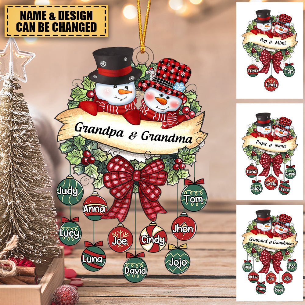 Snowman Grandpa & Grandma Christmas Ball Kids Personalized Acrylic Ornament