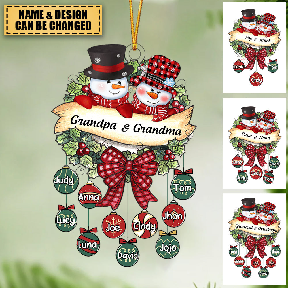 Snowman Grandpa & Grandma Christmas Ball Kids Personalized Acrylic Ornament