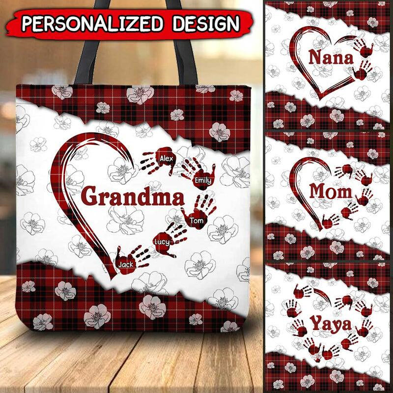 Grandma Mom Handprints Heart WIth Kids Personalized Tote Bag