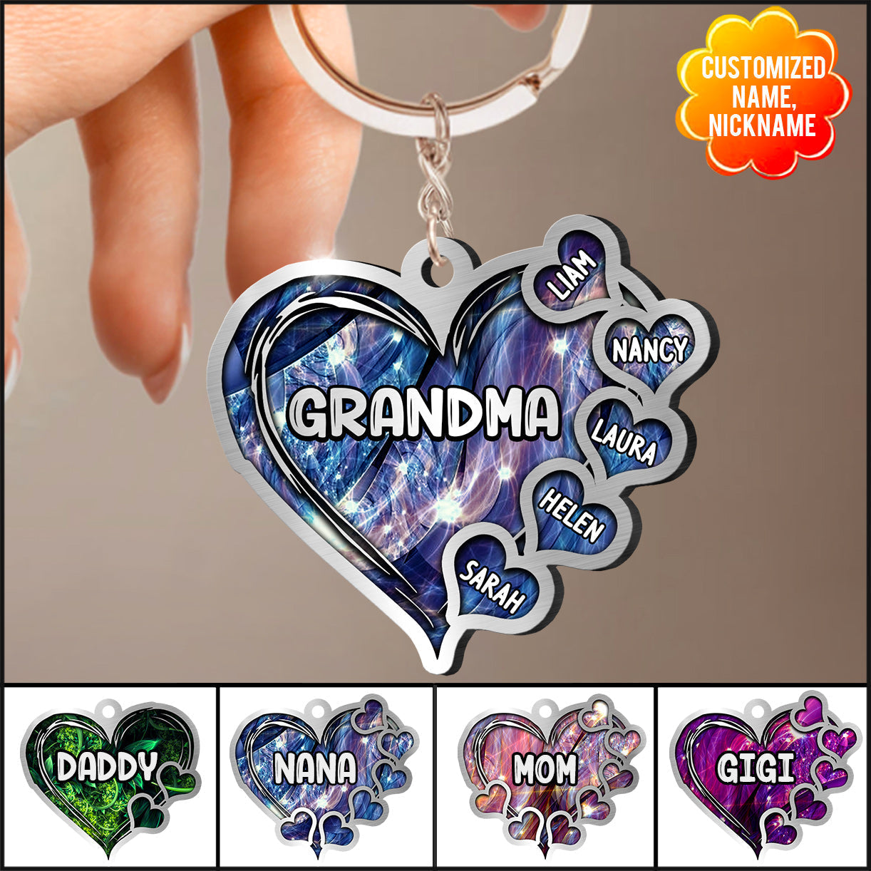 Grandma- Mom Heart Kids, Multi Colors Personalized Keychain
