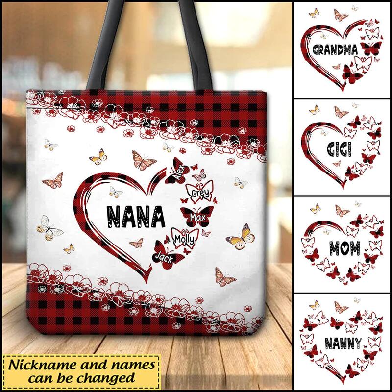 Grandma Mom Butterflies Heart WIth Kids Personalized Tote Bag