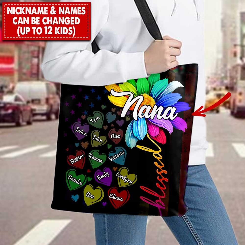 Nana, Grandma with grandkids Rainbow Flower Personalized Tote Bag