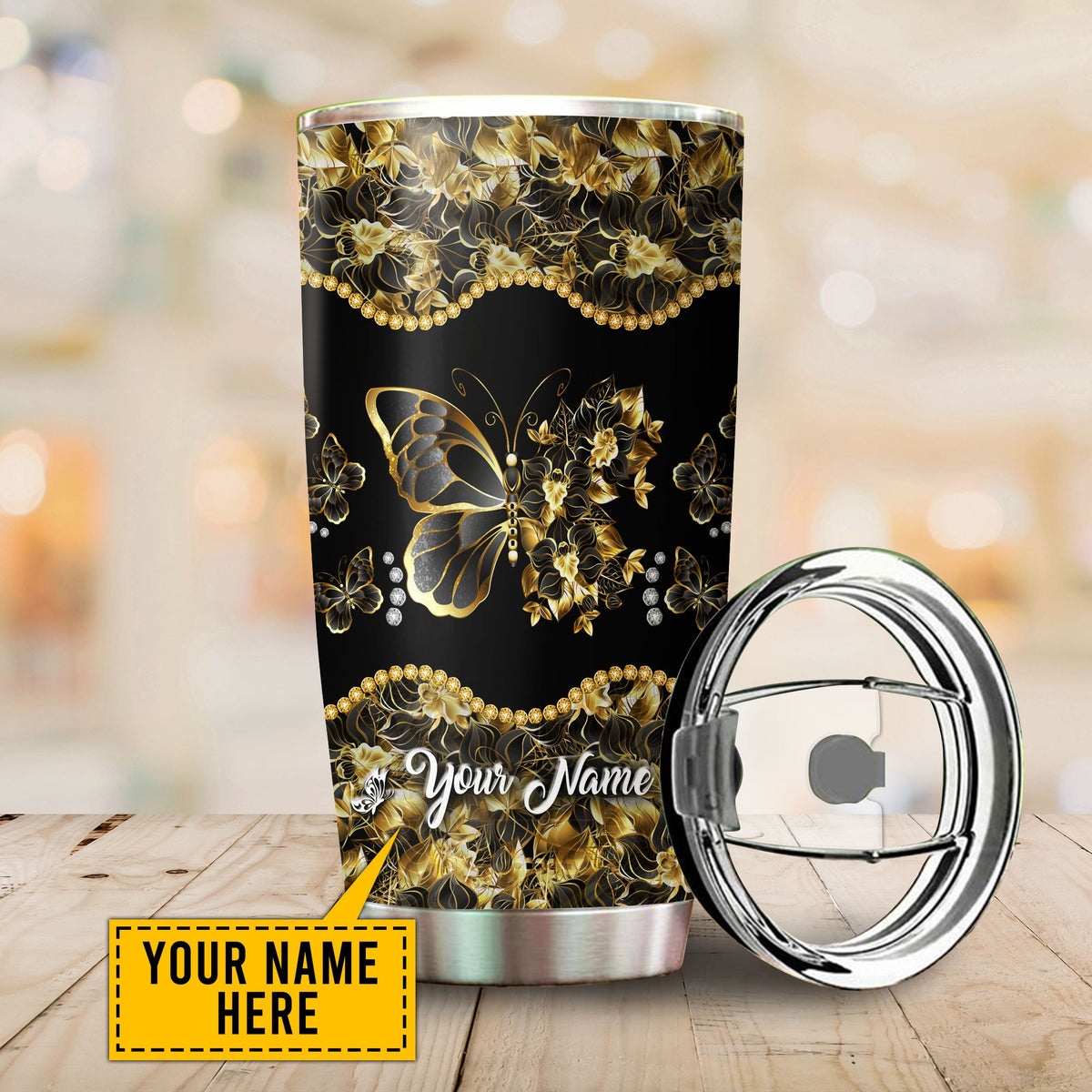 Personalized Butterfly Black Gold Steel Stainless Tumbler