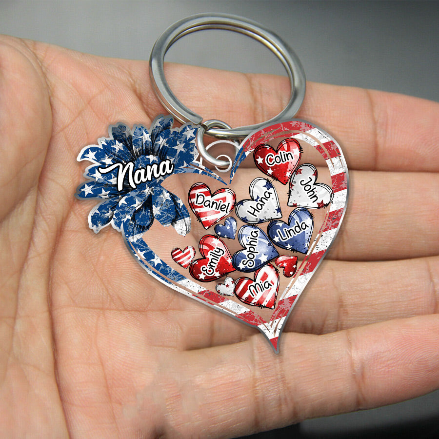 American Flag Sunflower Nana Mom Sweet Heart Kids Personalized Keychain