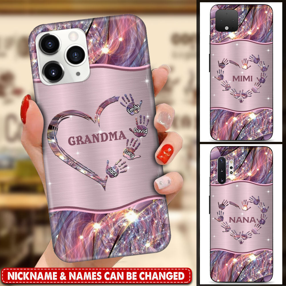 GRANDMA- MOM HEART HANDPRINT KIDS, PERSONALIZED GLASS PHONE CASE
