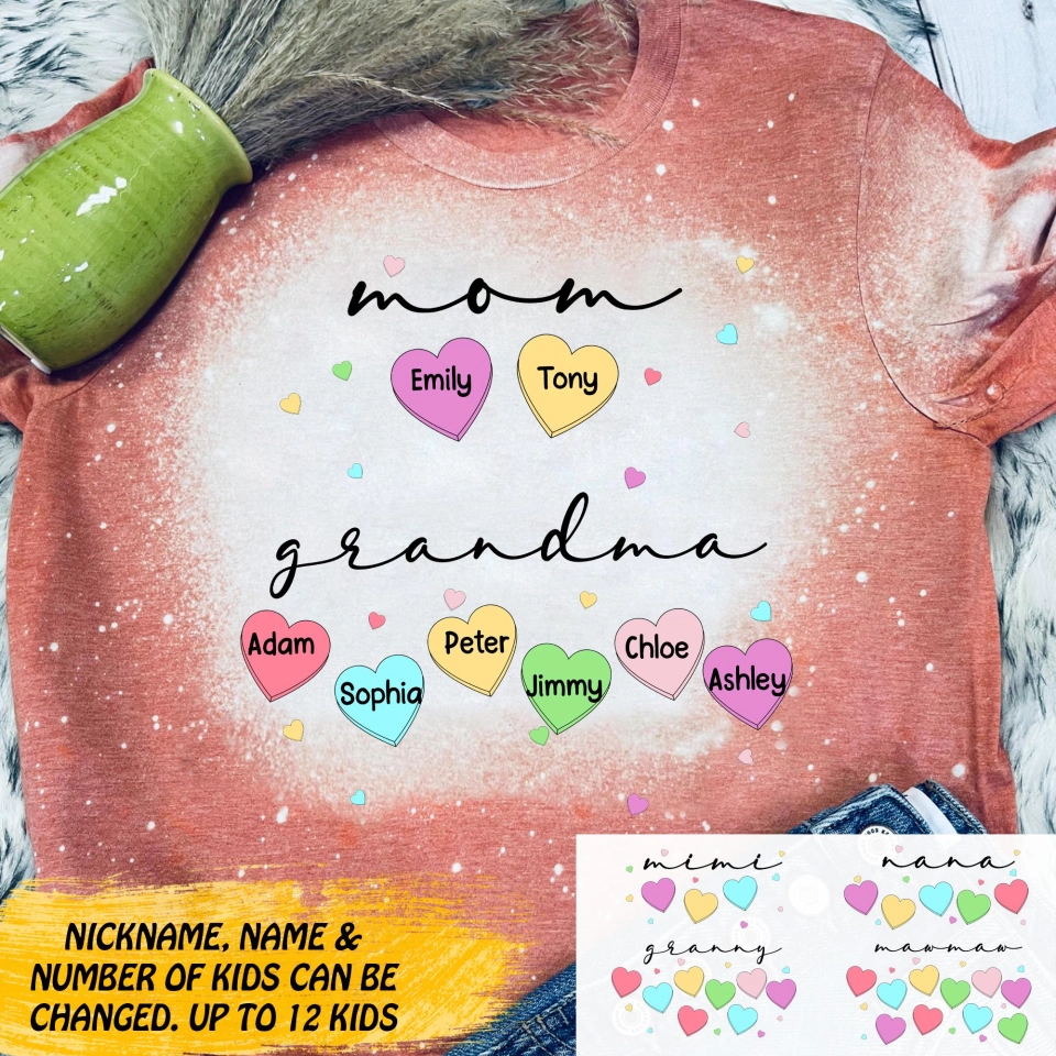 PERSONALIZED MOM AND GRANDMA WITH KID NAME BLEACHED TSHIRT