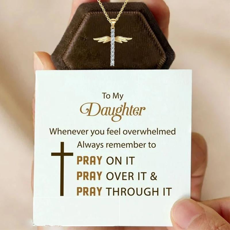 To My Daughter Angel Wings Cross Necklace