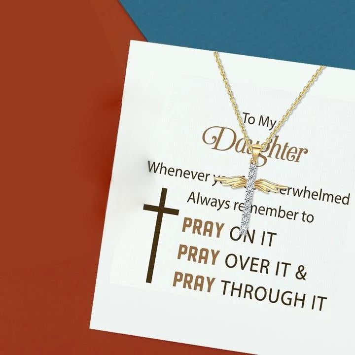 To My Daughter Angel Wings Cross Necklace